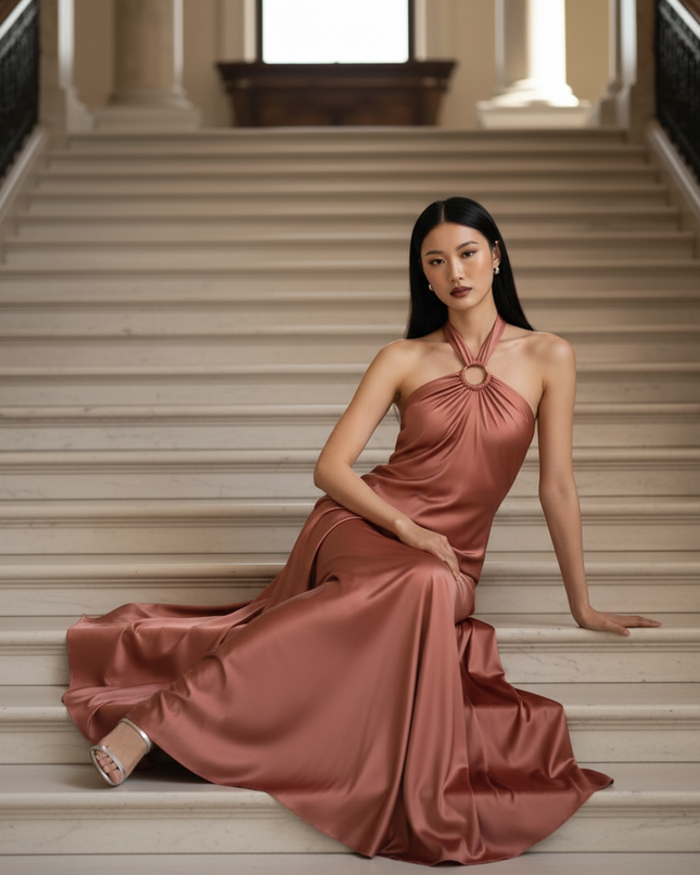 Satin Kleid - Satinkleid Lang Halter Rosa - Maxikleid Satin - Ansicht 5