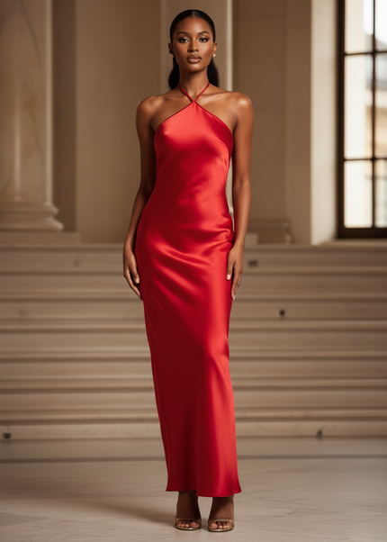 Satin Kleid - Satinkleid Lang Halter Rot - Maxikleid Rueckenfrei - Ansicht 1
