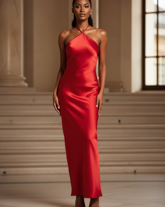 Satin Kleid - Satinkleid Lang Halter Rot - Maxikleid Rueckenfrei - Ansicht 1