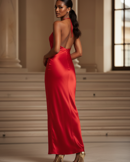 Satin Kleid - Satinkleid Lang Halter Rot - Maxikleid Rueckenfrei - Ansicht 2