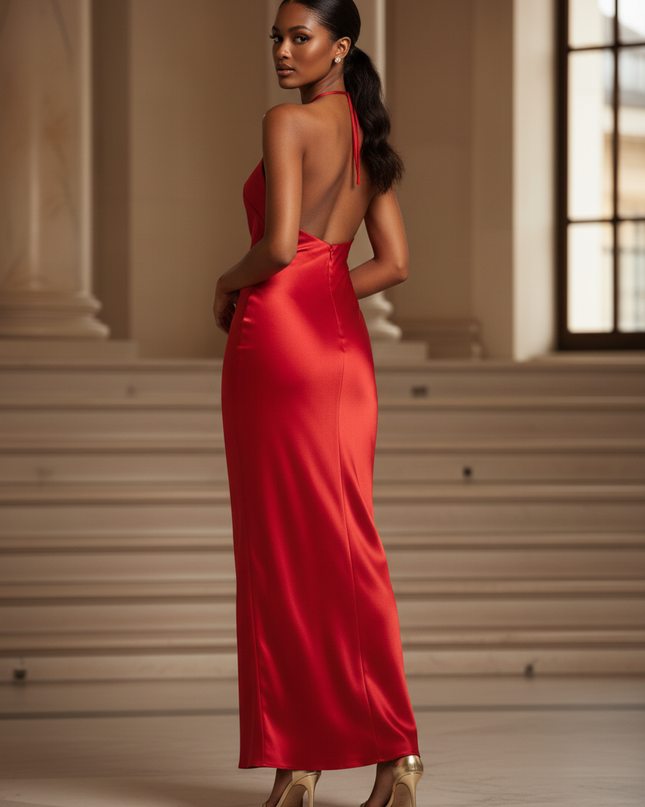 Satin Kleid - Satinkleid Lang Halter Rot - Maxikleid Rueckenfrei - Ansicht 2