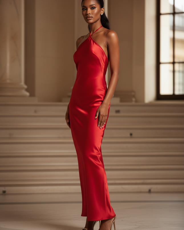 Satin Kleid - Satinkleid Lang Halter Rot - Maxikleid Rueckenfrei - Ansicht 3