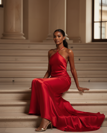 Satin Kleid - Satinkleid Lang Halter Rot - Maxikleid Rueckenfrei - Ansicht 5