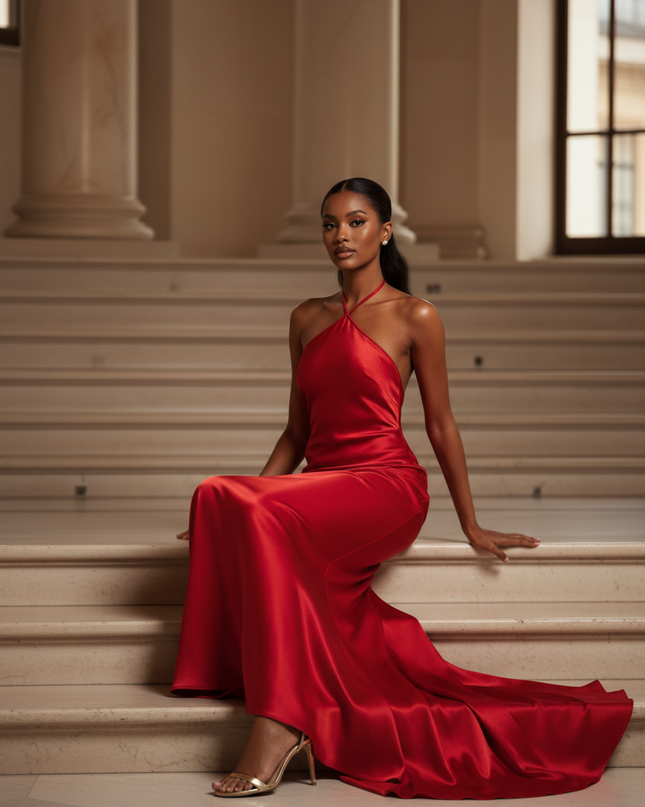 Satin Kleid - Satinkleid Lang Halter Rot - Maxikleid Rueckenfrei - Ansicht 5