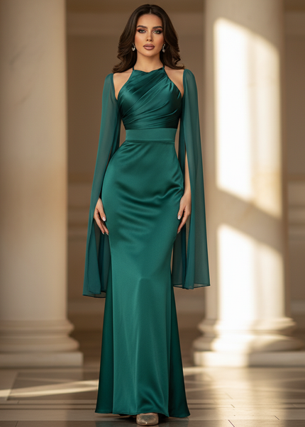 Satin Kleid - Satinkleid Lang Halter - Maxikleid Smaragdgrun Satin - Ansicht 1