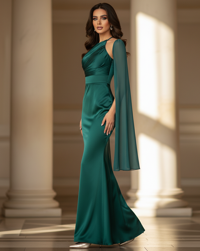 Satin Kleid - Satinkleid Lang Halter - Maxikleid Smaragdgrun Satin - Ansicht 3
