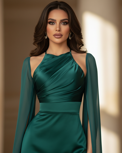 Satin Kleid - Satinkleid Lang Halter - Maxikleid Smaragdgrun Satin - Ansicht 4
