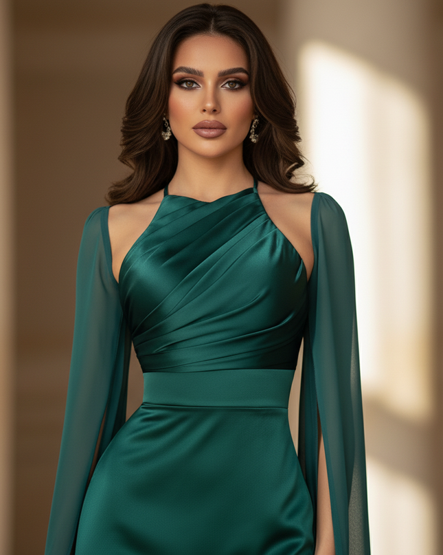 Satin Kleid - Satinkleid Lang Halter - Maxikleid Smaragdgrun Satin - Ansicht 4