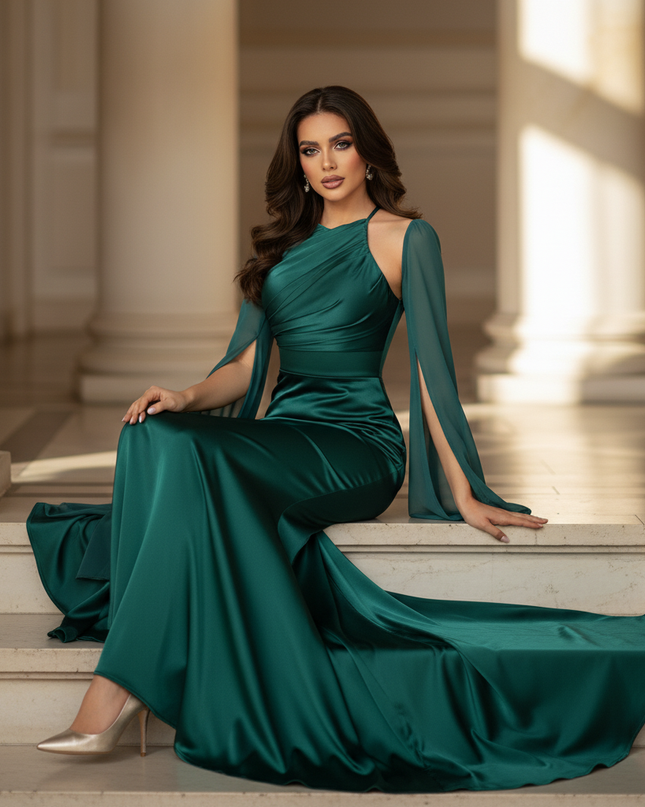 Satin Kleid - Satinkleid Lang Halter - Maxikleid Smaragdgrun Satin - Ansicht 5