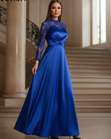 Satin Kleid - Satinkleid Lang Koenigsblau - Maxikleid Spitze - Ansicht 3