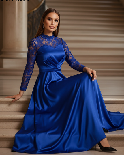Satin Kleid - Satinkleid Lang Koenigsblau - Maxikleid Spitze - Ansicht 5