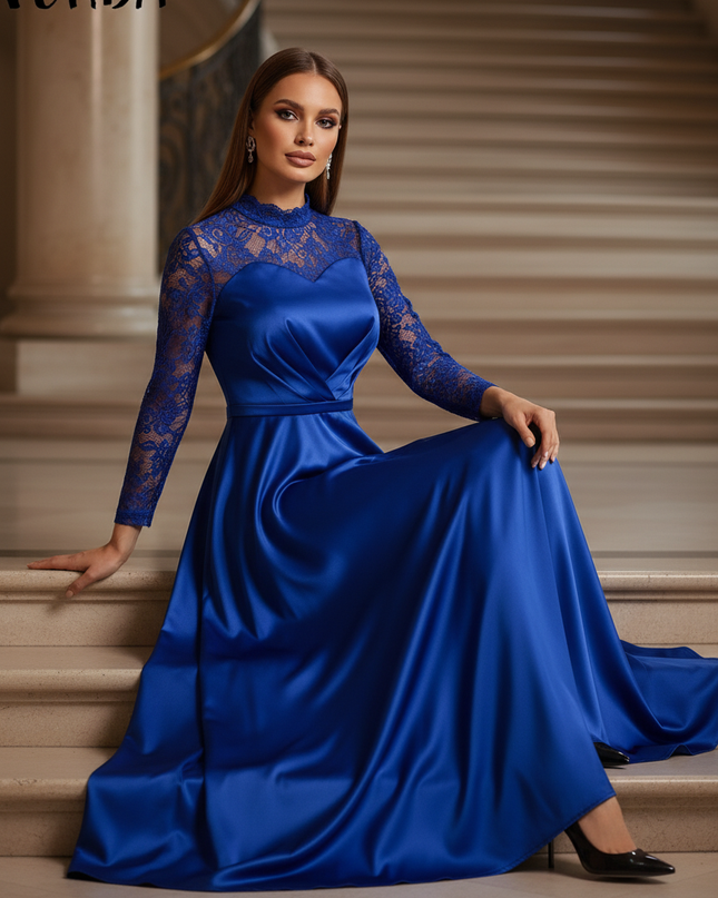 Satin Kleid - Satinkleid Lang Koenigsblau - Maxikleid Spitze - Ansicht 5