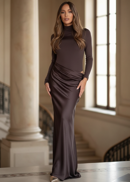 Satin Kleid - Satinkleid Lang Langarm Braun - Maxikleid Cutout - Ansicht 1