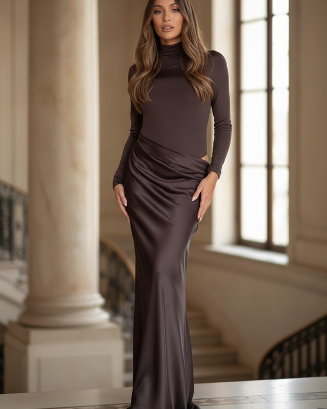 Satin Kleid - Satinkleid Lang Langarm Braun - Maxikleid Cutout - Ansicht 1