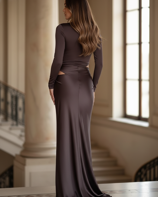 Satin Kleid - Satinkleid Lang Langarm Braun - Maxikleid Cutout - Ansicht 2