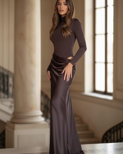Satin Kleid - Satinkleid Lang Langarm Braun - Maxikleid Cutout - Ansicht 3