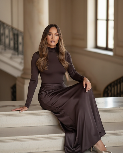 Satin Kleid - Satinkleid Lang Langarm Braun - Maxikleid Cutout - Ansicht 5