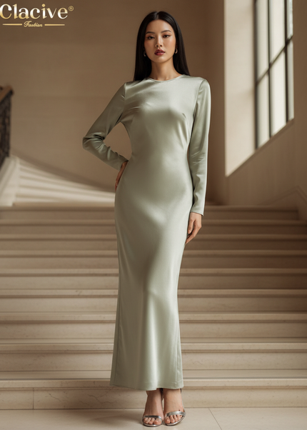 Satin Kleid - Satinkleid Lang Langarm Gruen - Clacive Bodycon Maxi - Ansicht 1
