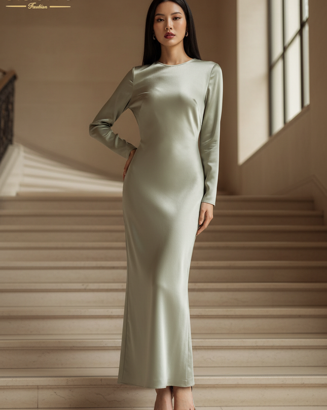 Satin Kleid - Satinkleid Lang Langarm Gruen - Clacive Bodycon Maxi - Ansicht 1