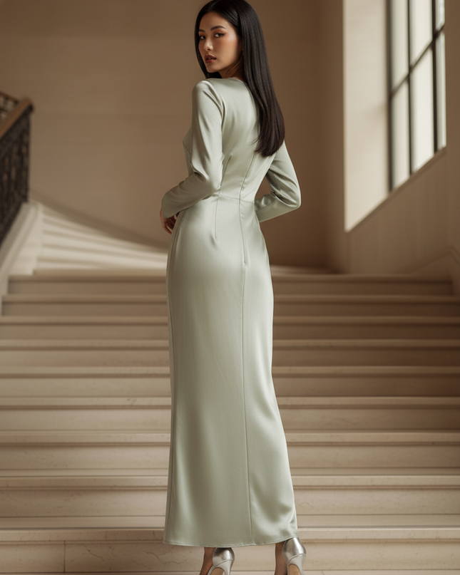 Satin Kleid - Satinkleid Lang Langarm Gruen - Clacive Bodycon Maxi - Ansicht 2