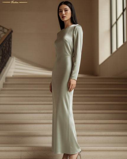Satin Kleid - Satinkleid Lang Langarm Gruen - Clacive Bodycon Maxi - Ansicht 3