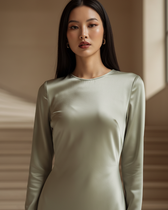 Satin Kleid - Satinkleid Lang Langarm Gruen - Clacive Bodycon Maxi - Ansicht 4