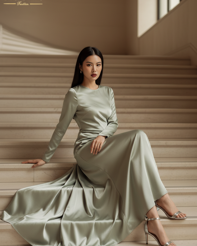 Satin Kleid - Satinkleid Lang Langarm Gruen - Clacive Bodycon Maxi - Ansicht 5