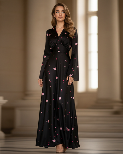 Satin Kleid - Satinkleid Lang Langarm Schwarz - Maxikleid Blumen - Ansicht 1