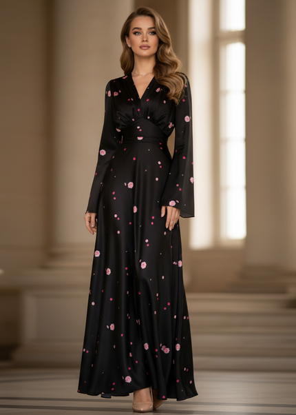 Satin Kleid - Satinkleid Lang Langarm Schwarz - Maxikleid Blumen - Ansicht 1