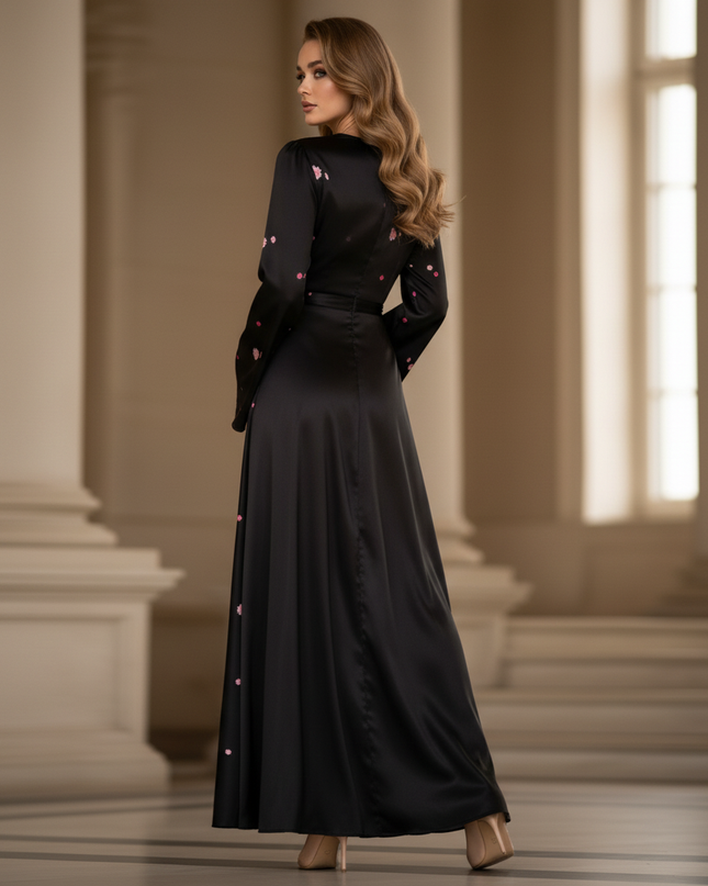 Satin Kleid - Satinkleid Lang Langarm Schwarz - Maxikleid Blumen - Ansicht 2