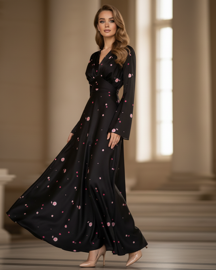 Satin Kleid - Satinkleid Lang Langarm Schwarz - Maxikleid Blumen - Ansicht 3