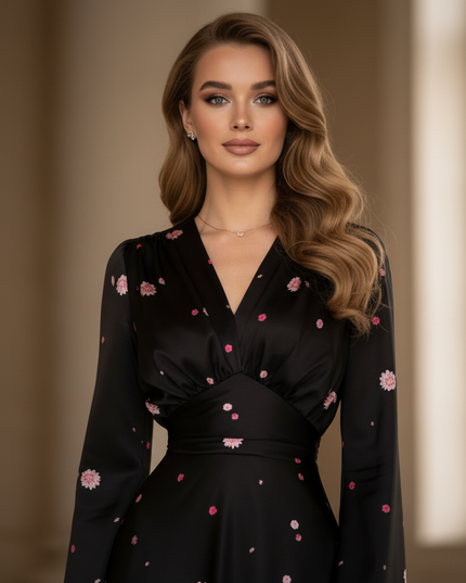 Satin Kleid - Satinkleid Lang Langarm Schwarz - Maxikleid Blumen - Ansicht 4