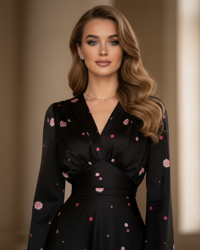 Satin Kleid - Satinkleid Lang Langarm Schwarz - Maxikleid Blumen - Ansicht 4