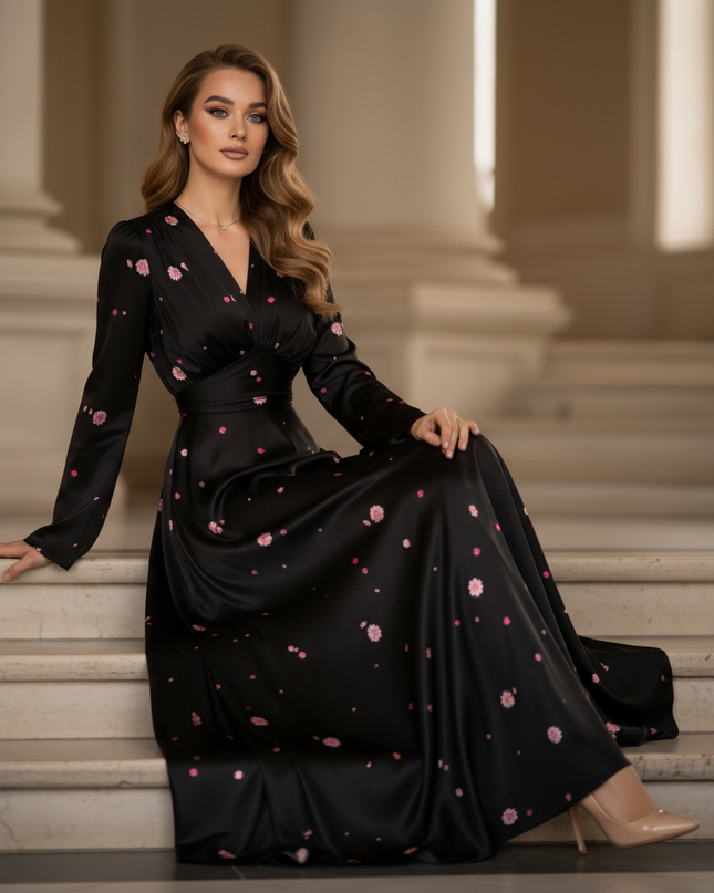 Satin Kleid - Satinkleid Lang Langarm Schwarz - Maxikleid Blumen - Ansicht 5