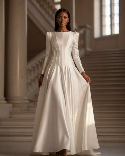 Satin Kleid - Satinkleid Lang Langarm Weiss - Maxikleid Elegant - Ansicht 1