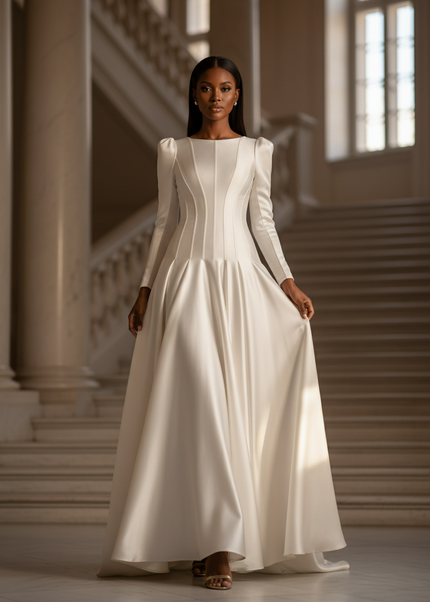 Satin Kleid - Satinkleid Lang Langarm Weiss - Maxikleid Elegant - Ansicht 1