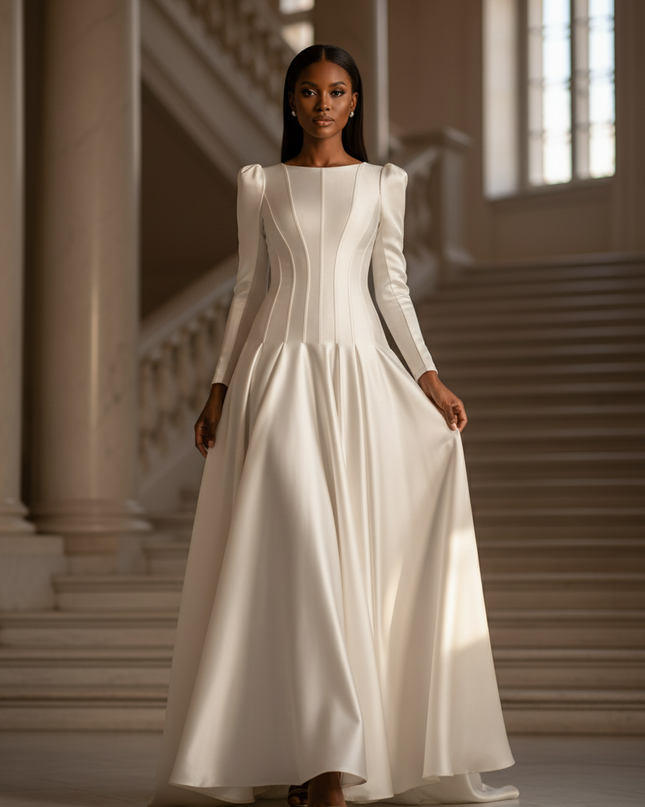 Satin Kleid - Satinkleid Lang Langarm Weiss - Maxikleid Elegant - Ansicht 1