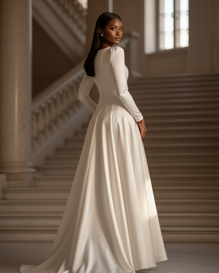 Satin Kleid - Satinkleid Lang Langarm Weiss - Maxikleid Elegant - Ansicht 2