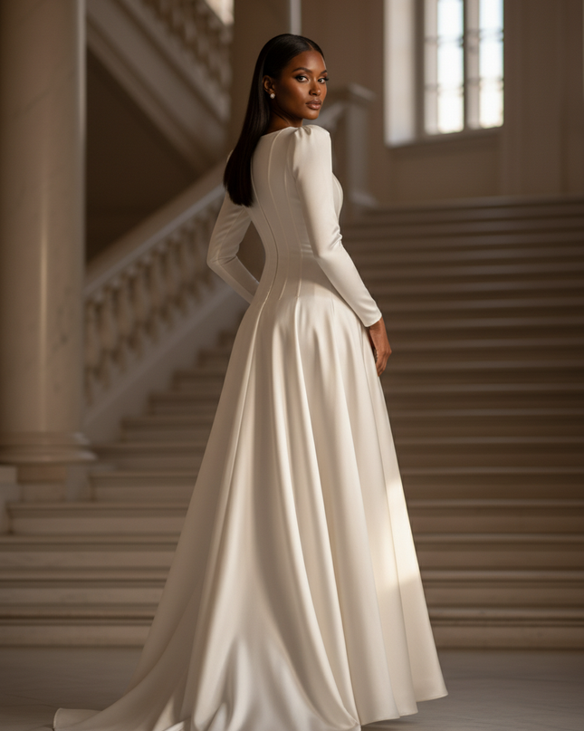 Satin Kleid - Satinkleid Lang Langarm Weiss - Maxikleid Elegant - Ansicht 2