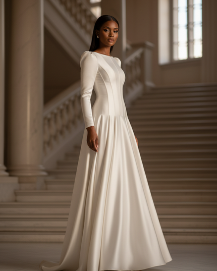 Satin Kleid - Satinkleid Lang Langarm Weiss - Maxikleid Elegant - Ansicht 3
