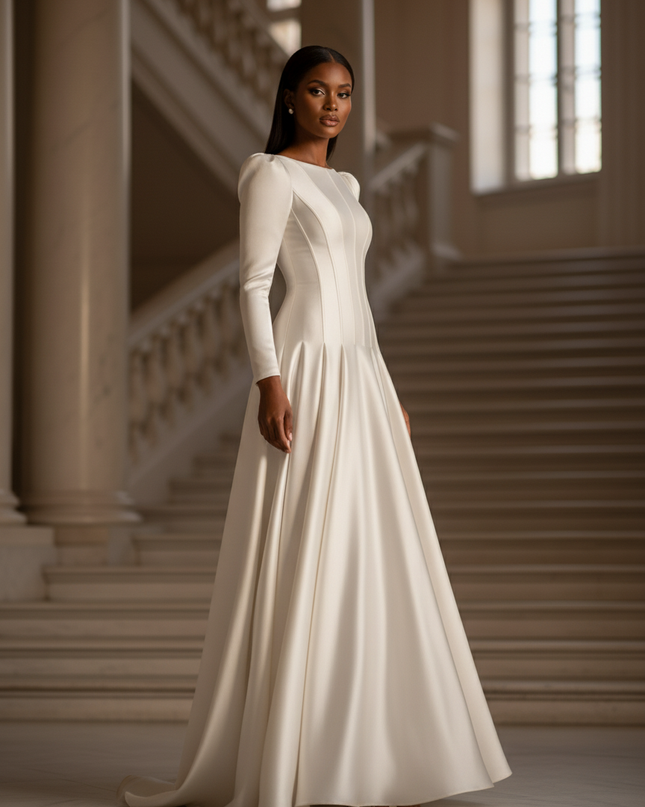 Satin Kleid - Satinkleid Lang Langarm Weiss - Maxikleid Elegant - Ansicht 3