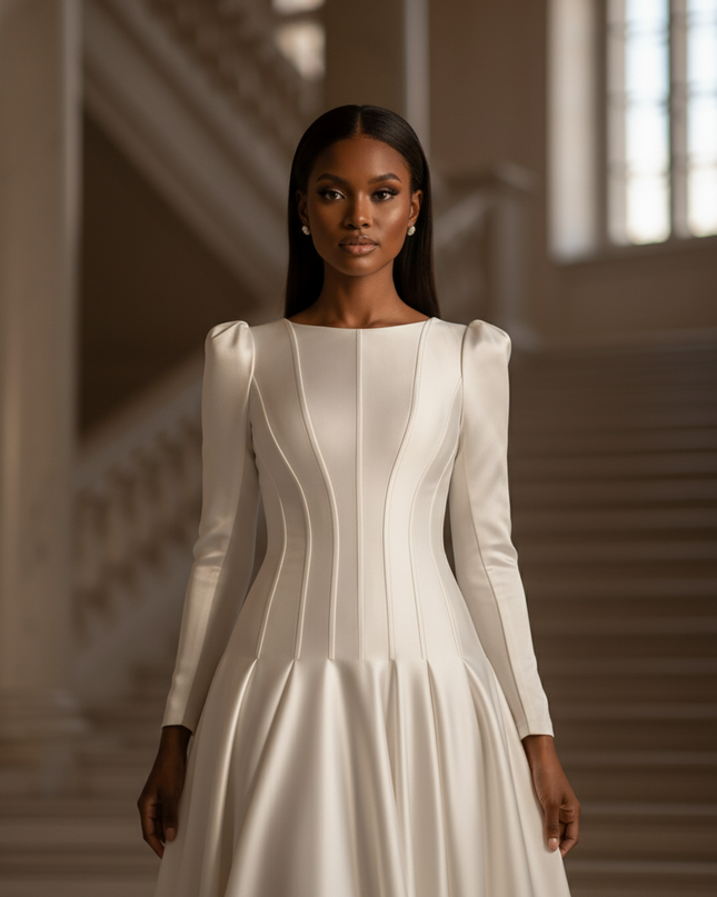 Satin Kleid - Satinkleid Lang Langarm Weiss - Maxikleid Elegant - Ansicht 4