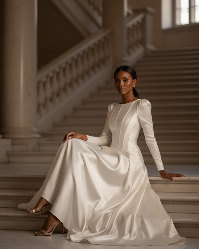 Satin Kleid - Satinkleid Lang Langarm Weiss - Maxikleid Elegant - Ansicht 5