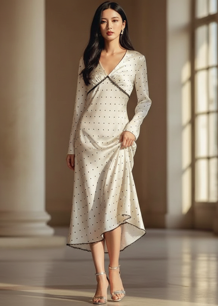 Satin Kleid - Satinkleid Lang Langarm - Gepunktet Creme Maxikleid - Ansicht 1