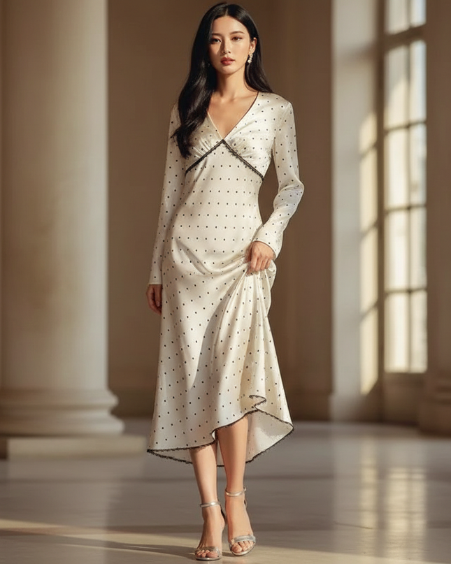 Satin Kleid - Satinkleid Lang Langarm - Gepunktet Creme Maxikleid - Ansicht 1