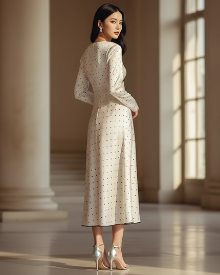 Satin Kleid - Satinkleid Lang Langarm - Gepunktet Creme Maxikleid - Ansicht 2