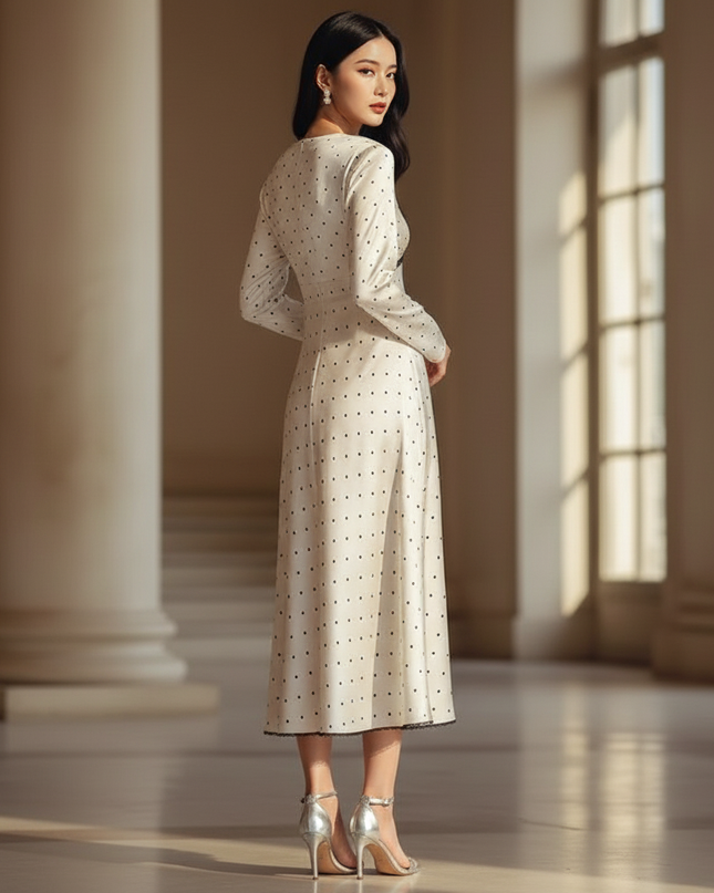 Satin Kleid - Satinkleid Lang Langarm - Gepunktet Creme Maxikleid - Ansicht 2