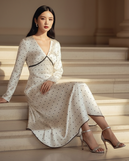 Satin Kleid - Satinkleid Lang Langarm - Gepunktet Creme Maxikleid - Ansicht 5