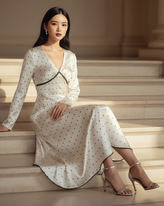 Satin Kleid - Satinkleid Lang Langarm - Gepunktet Creme Maxikleid - Ansicht 5