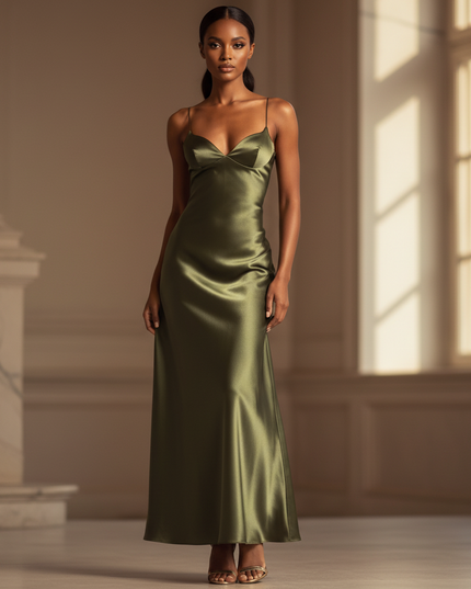 Satin Kleid - Satinkleid Lang Olive - Maxikleid Spaghettitraeger Satin - Ansicht 1
